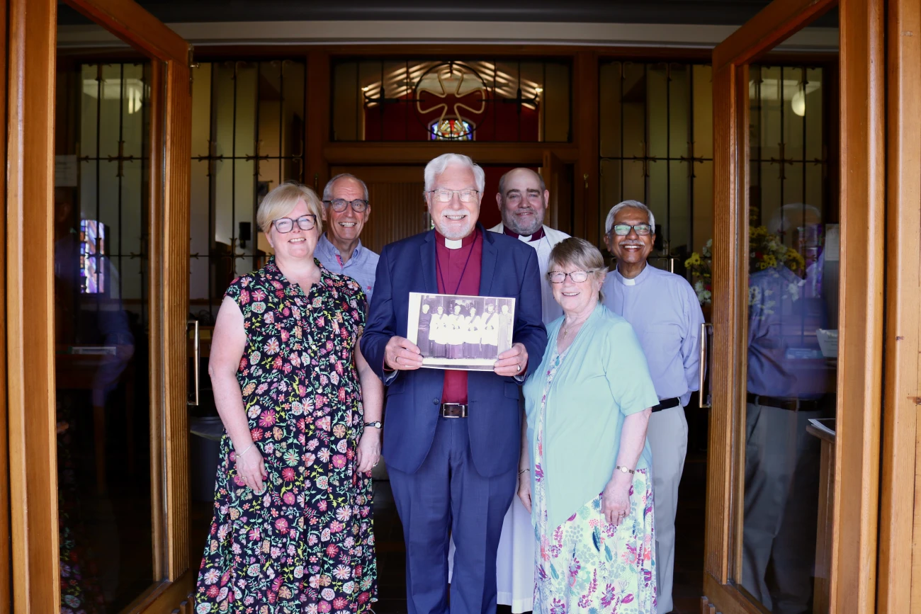 Tracey Taggart (Diocesan Staff), Bishop Harold and Liz Miller. Back: Ven Roderic West, (former Archdeacon of Dromore), Rt Revd Darren McCartney and Revd Raj Sathyaraj
