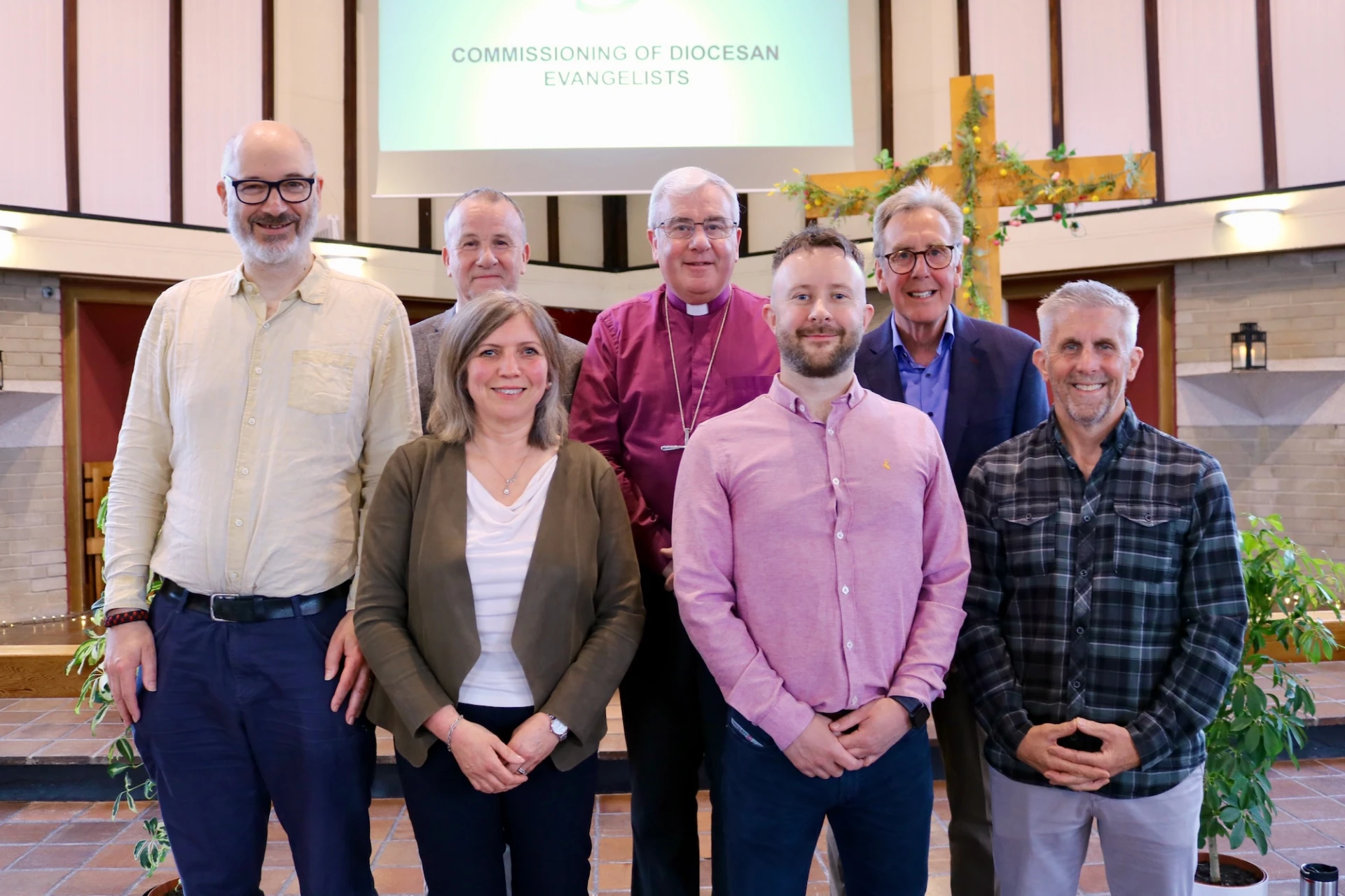 With Bishop David and the Warden of Evangelists, Capt. George Newell CA, left to right: Tom Field, Gill Peek, Andrew Williamson, Keith Porter and Cyril Morrison