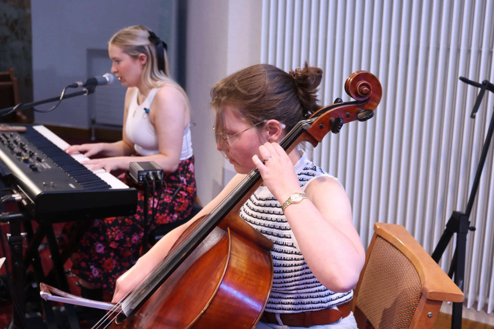 Hannah on keys, Rosie on cello