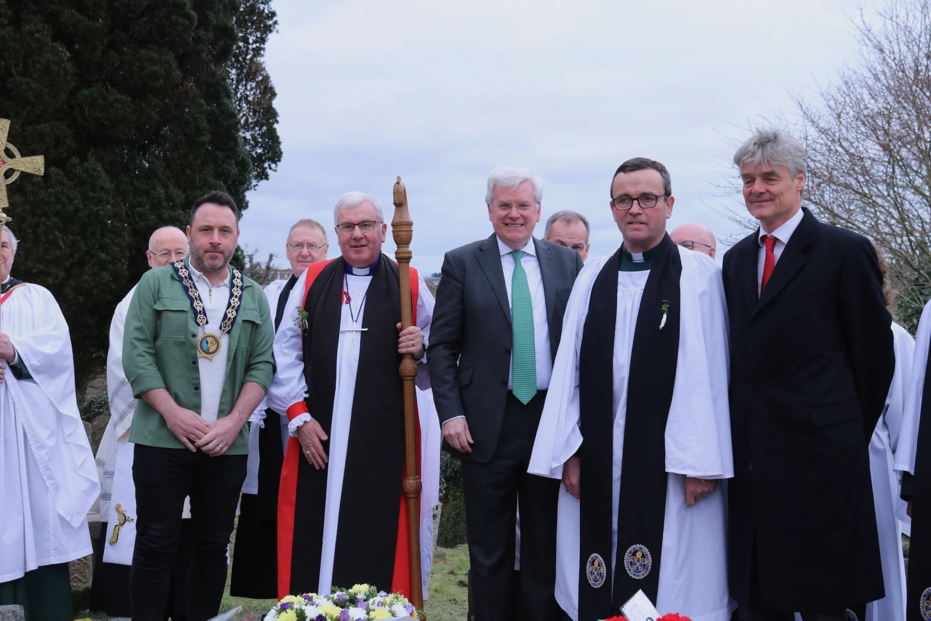 Cllr Pete Byrne, Chairperson of Newry, Mourne and Down District Council, Bishop David, His Honour David Turner KC, Dean Henry Blair and Mr Gawn Rowan Hamilton, HM Lord-Lieutenant of County Down