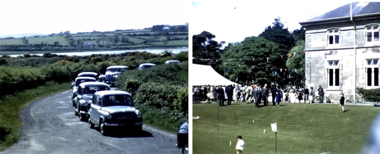 L: Procession of cars to the opening of Murlough House R: Tent and Bunting as children play on the lawn of Murlough House [Stills taken from 16mm Cinefilm RCB Library]