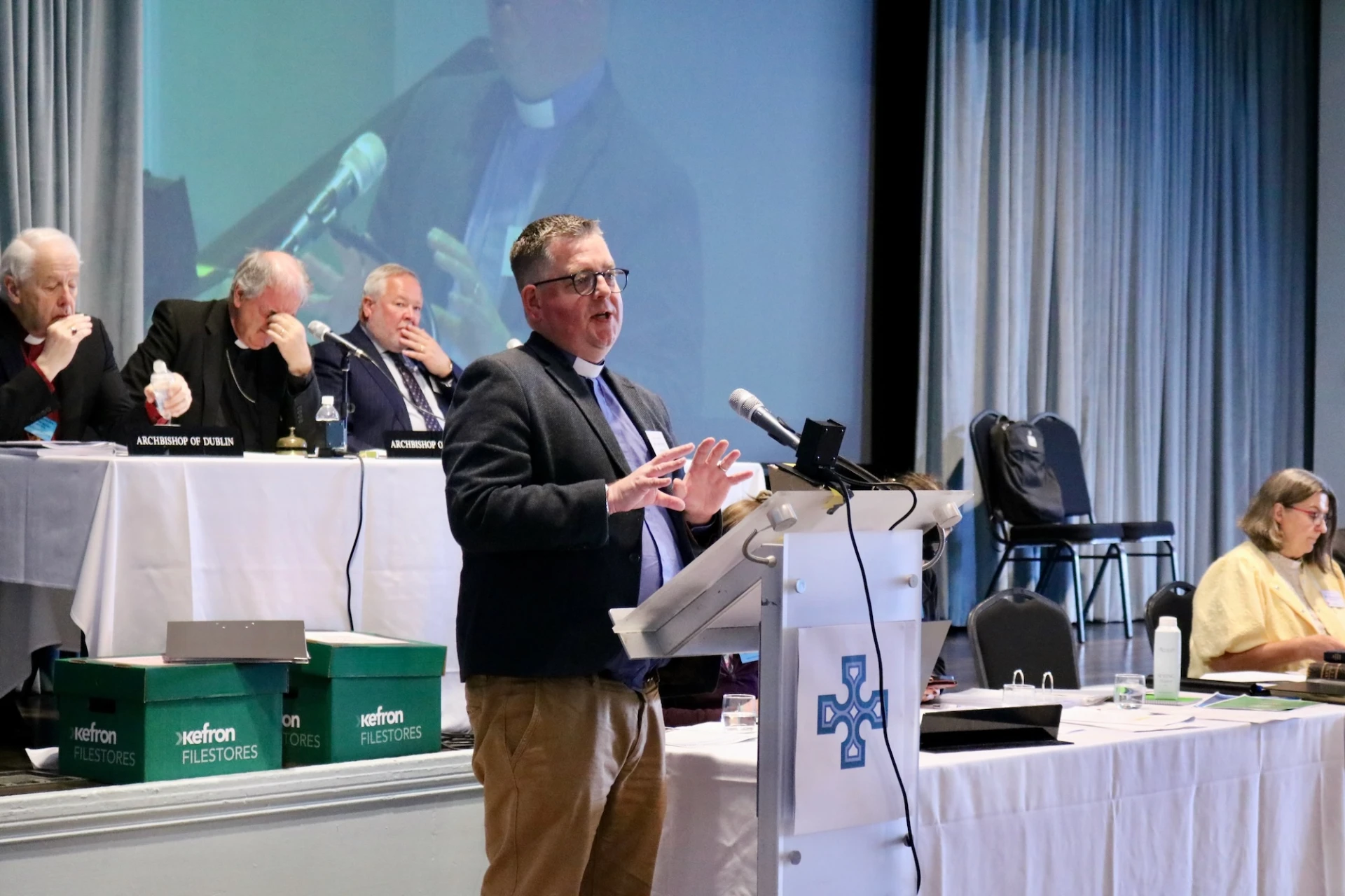 Revd Ian Linton at the podium